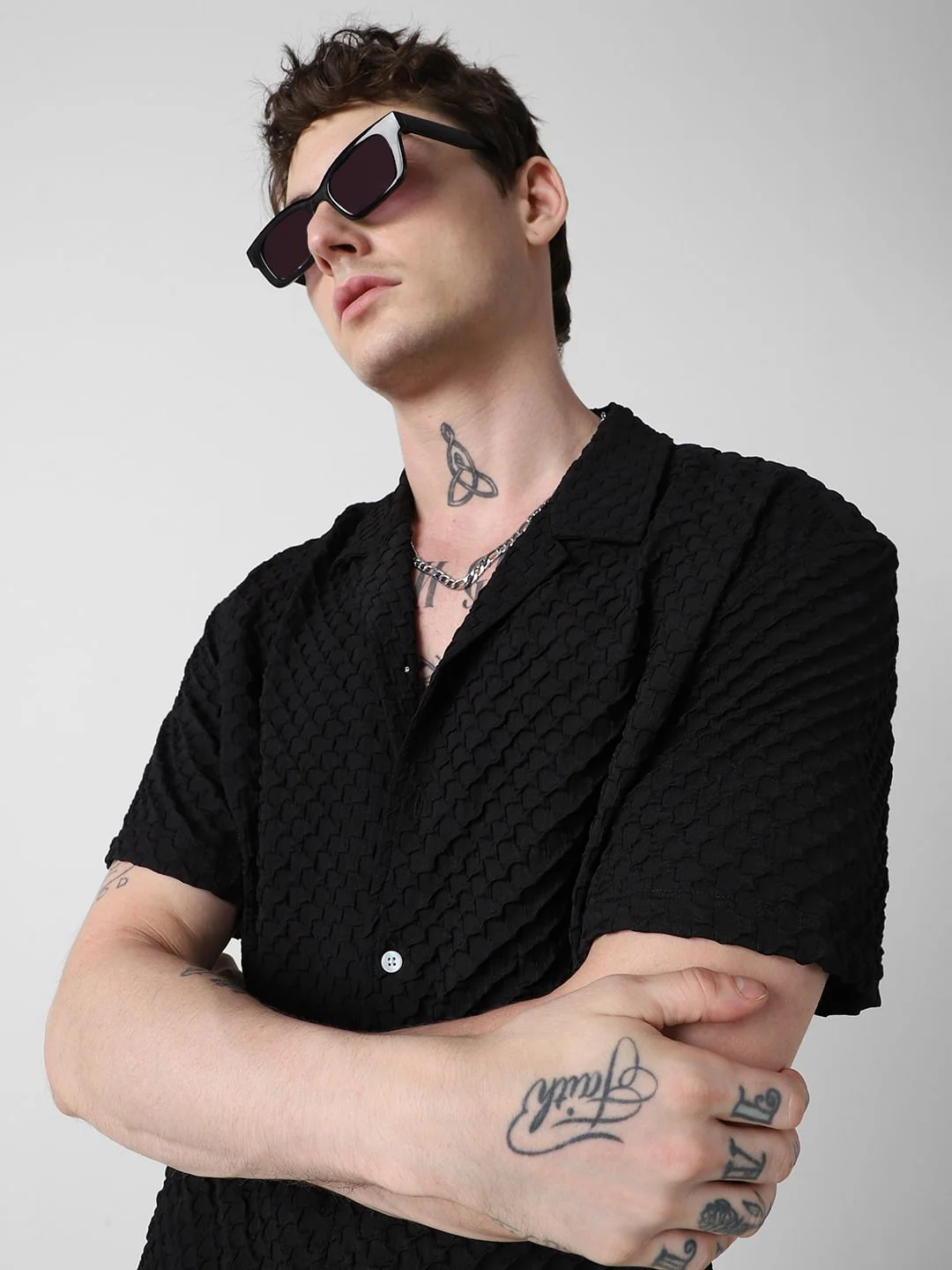 Jet Black Embossed Patterned Oversized Shirt - Image 2