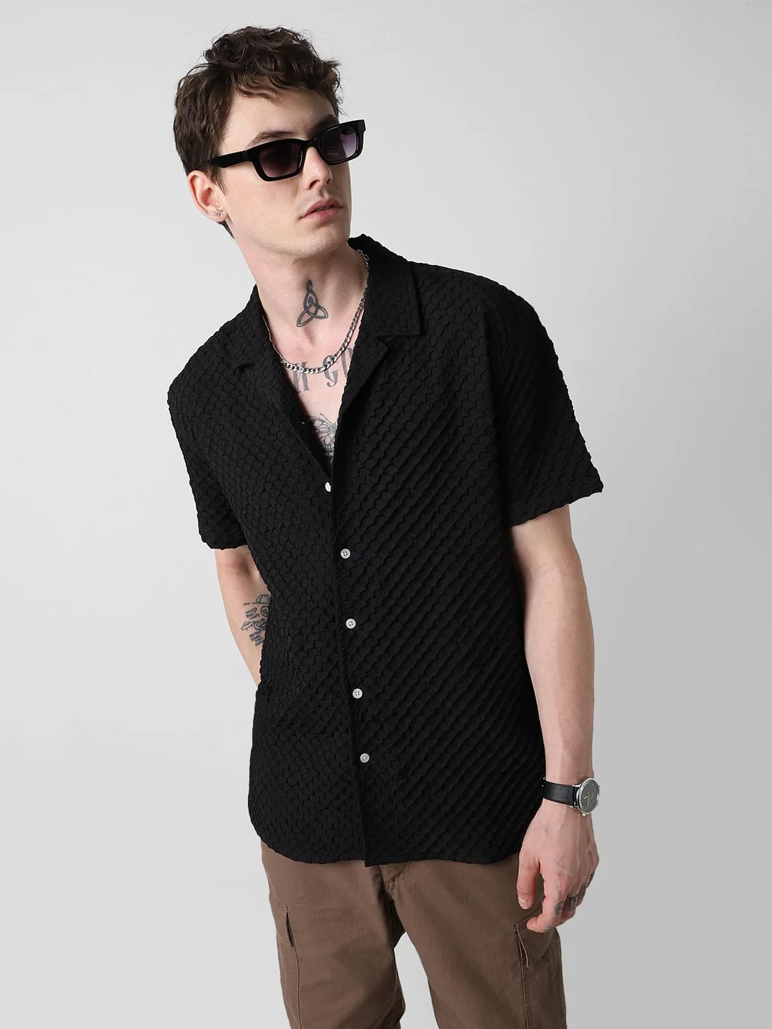 Jet Black Embossed Patterned Oversized Shirt - Image 3