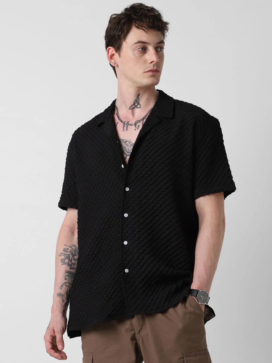 Jet Black Embossed Patterned Oversized Shirt - Image 5