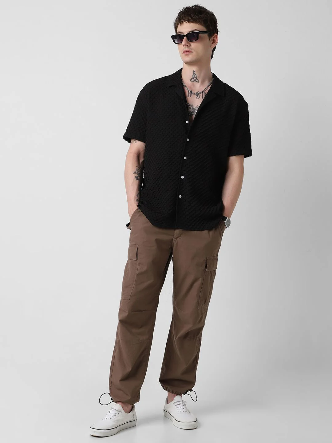 Jet Black Embossed Patterned Oversized Shirt - Image 7