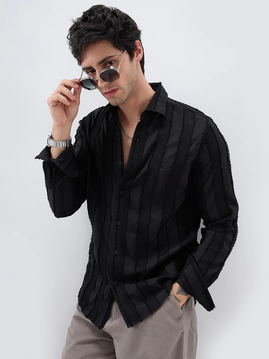 Jet Black Frayed Panelled Waffle Textured Shirt - Image 2