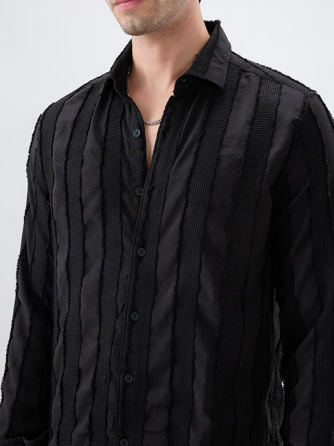 Jet Black Frayed Panelled Waffle Textured Shirt - Image 3