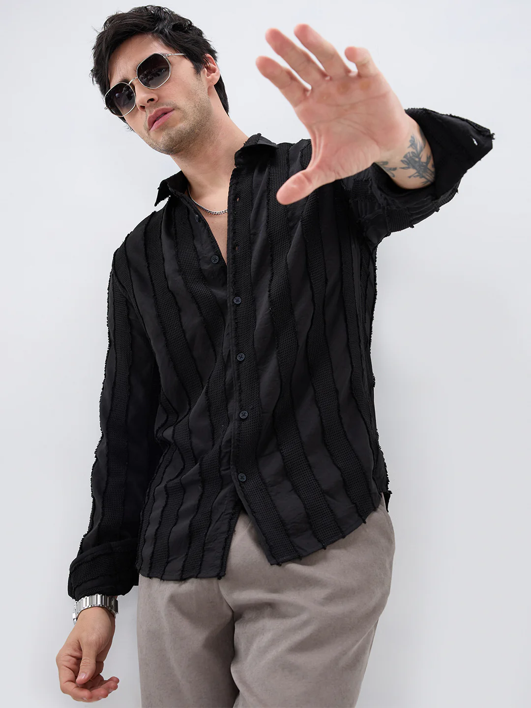 Jet Black Frayed Panelled Waffle Textured Shirt - Image 4
