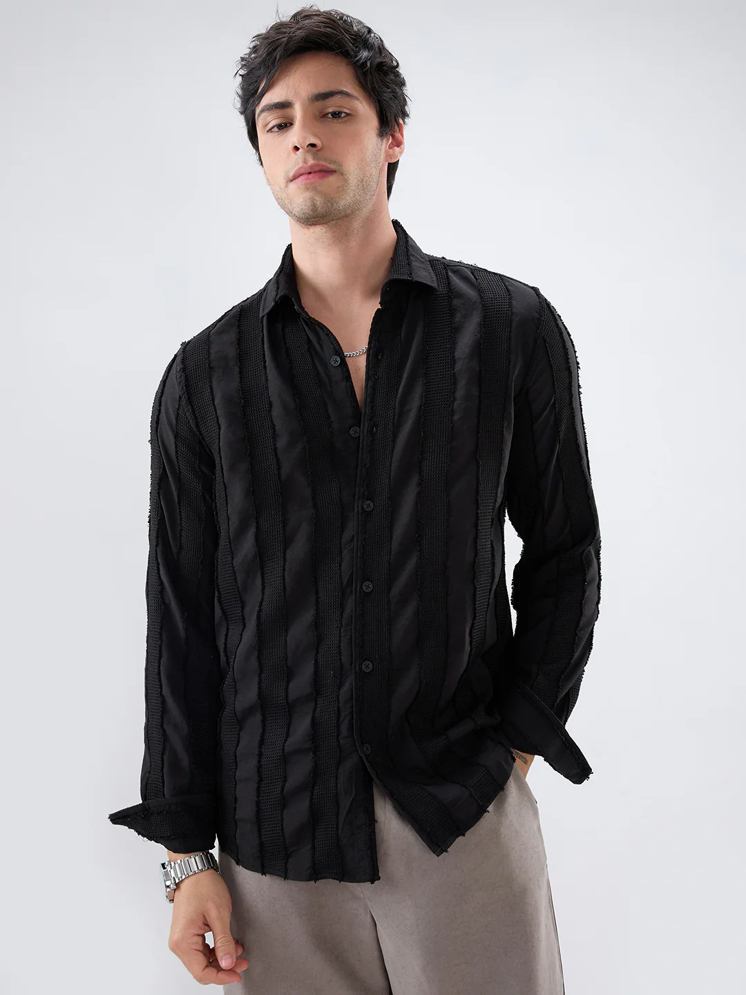Jet Black Frayed Panelled Waffle Textured Shirt - Image 5