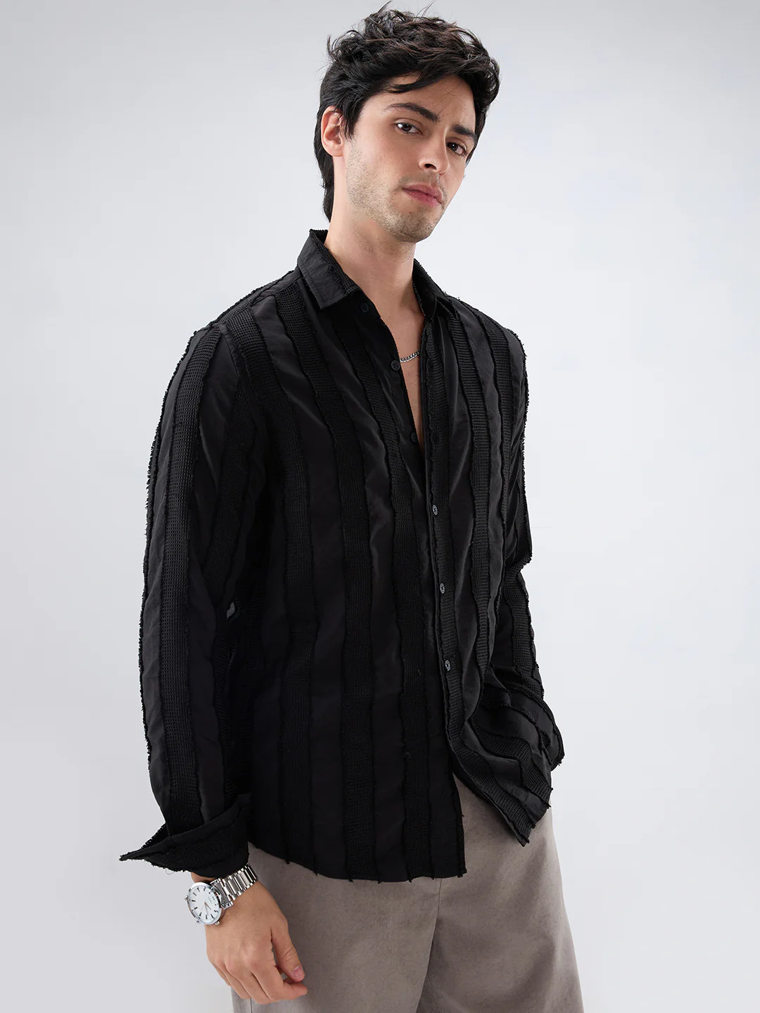 Jet Black Frayed Panelled Waffle Textured Shirt - Image 6