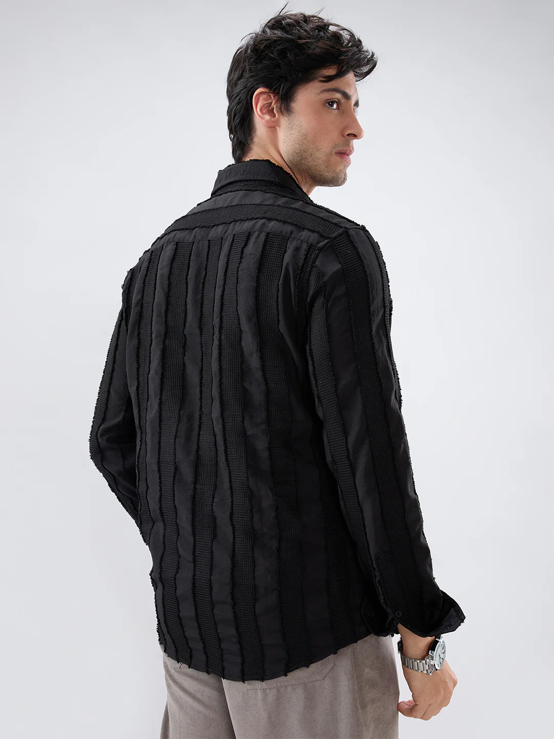 Jet Black Frayed Panelled Waffle Textured Shirt - Image 7