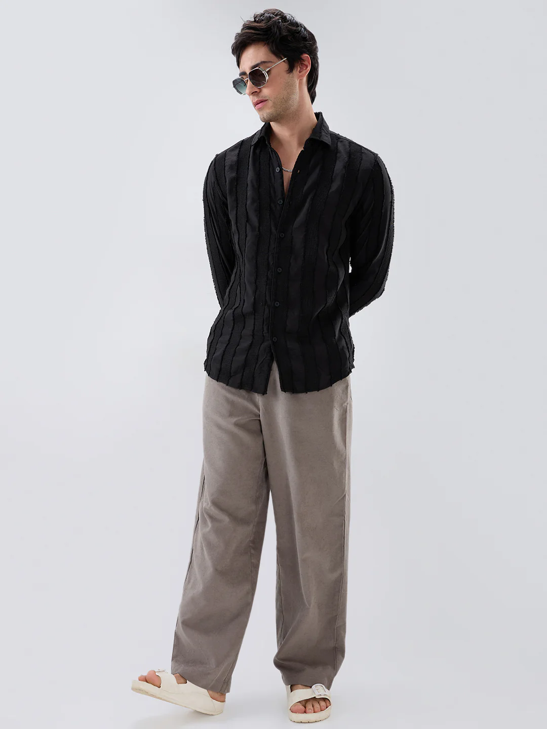 Jet Black Frayed Panelled Waffle Textured Shirt - Image 8
