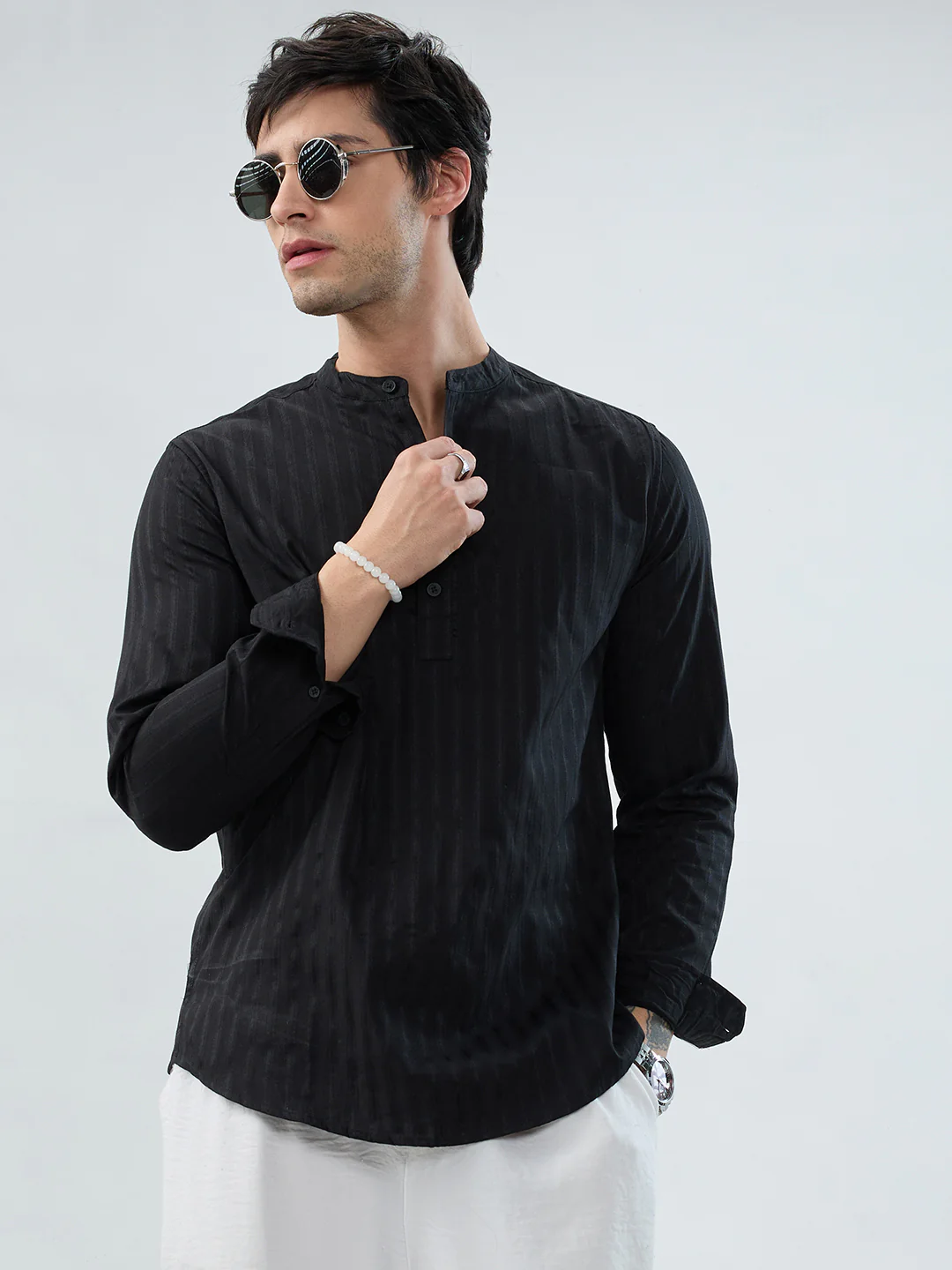 Jet Black Glossy Striped Kurta - Image 2