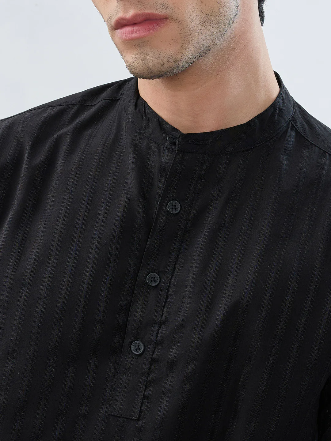 Jet Black Glossy Striped Kurta - Image 3