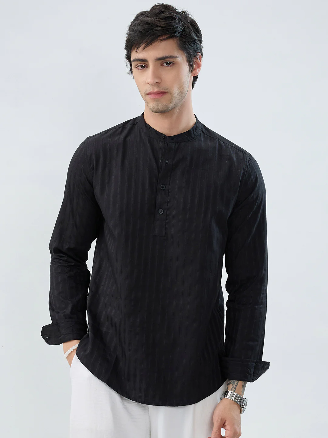Jet Black Glossy Striped Kurta - Image 4