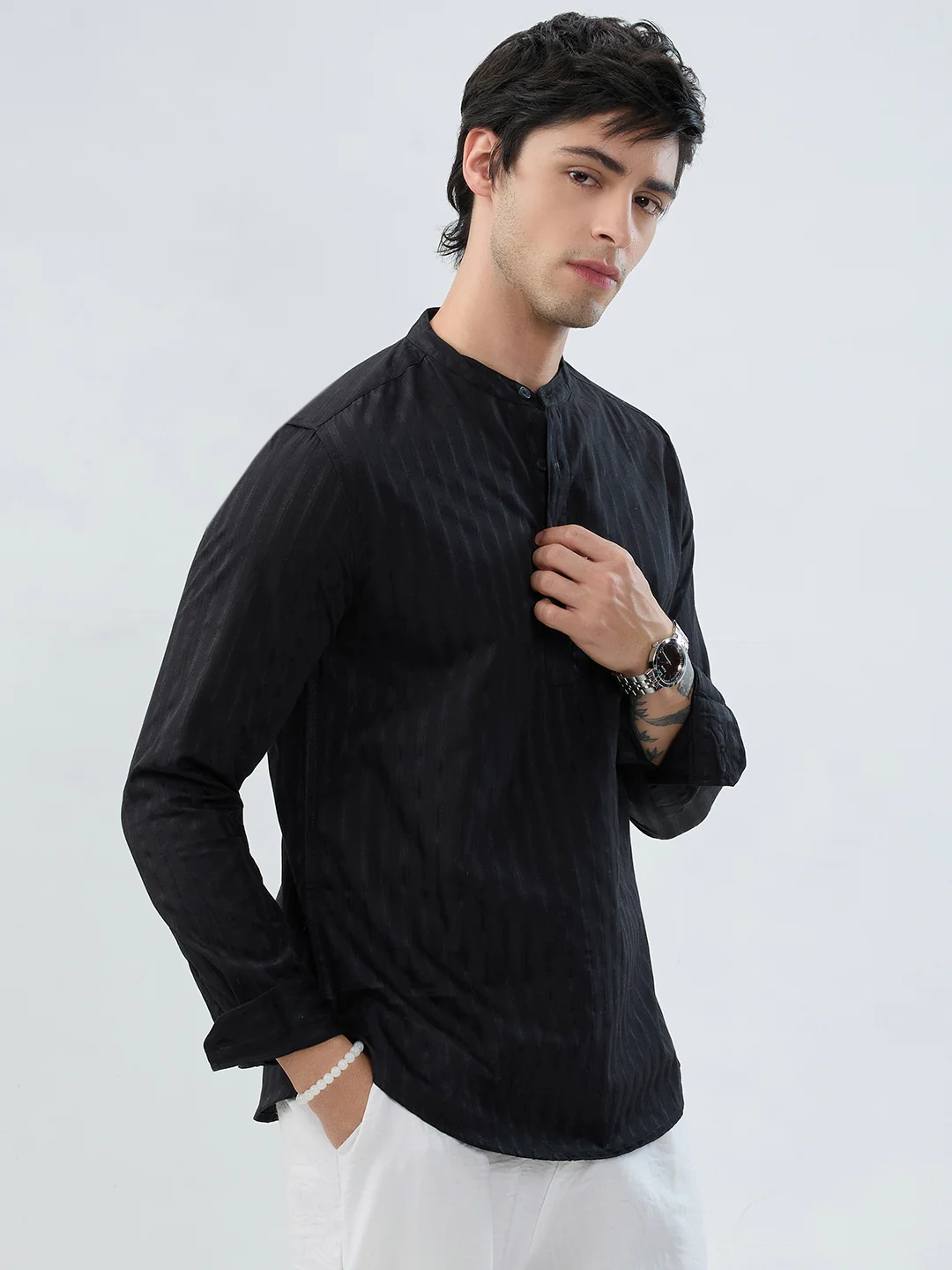 Jet Black Glossy Striped Kurta - Image 5
