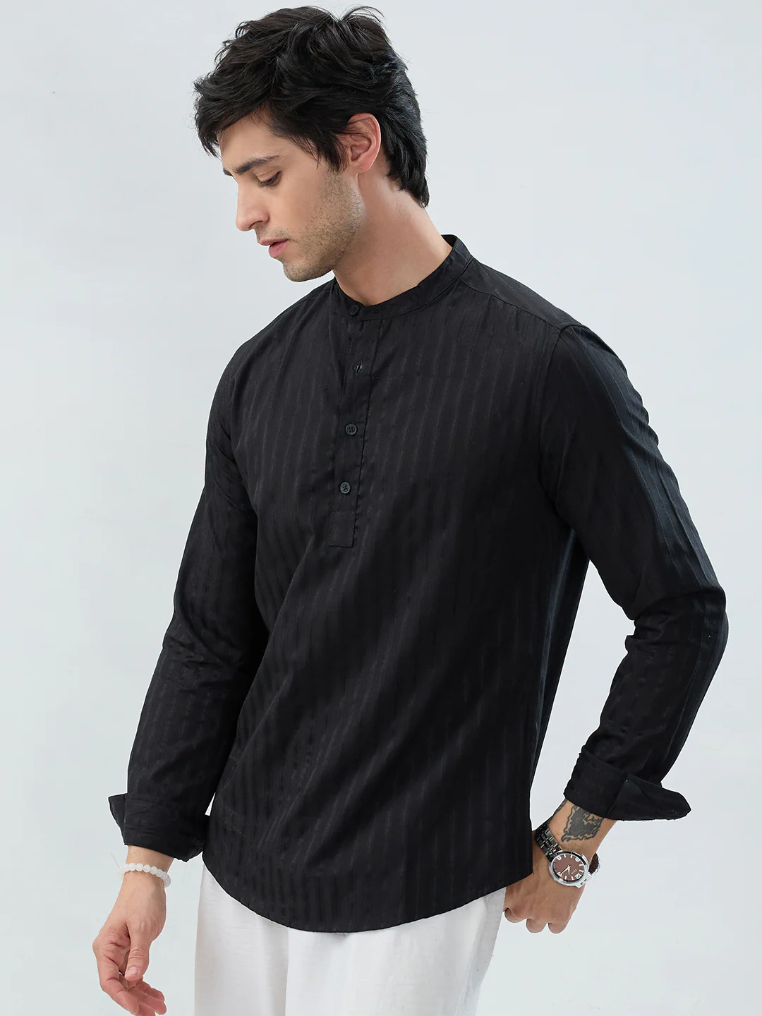 Jet Black Glossy Striped Kurta - Image 6