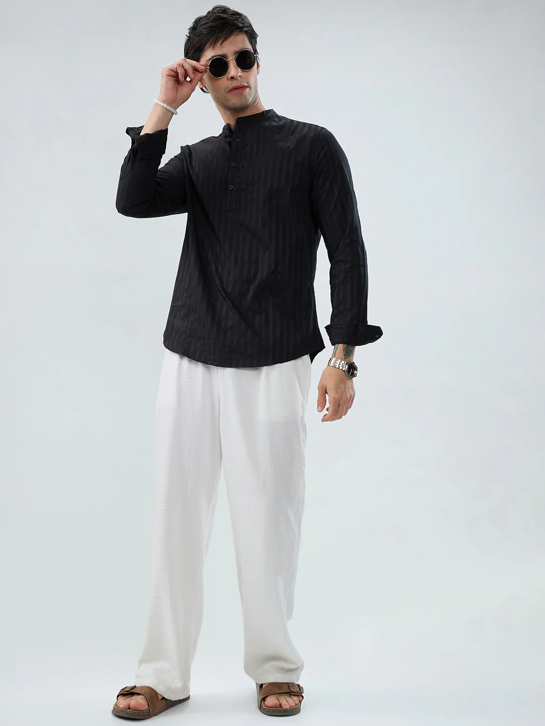 Jet Black Glossy Striped Kurta - Image 8