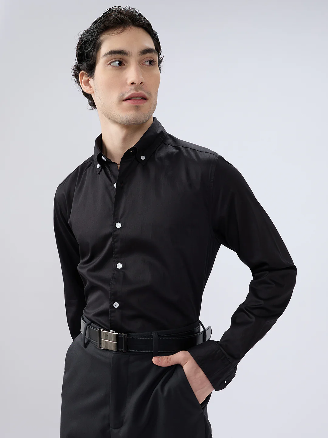 Jet Black Satin Button-Down Collar Luxe Shirt - Image 2