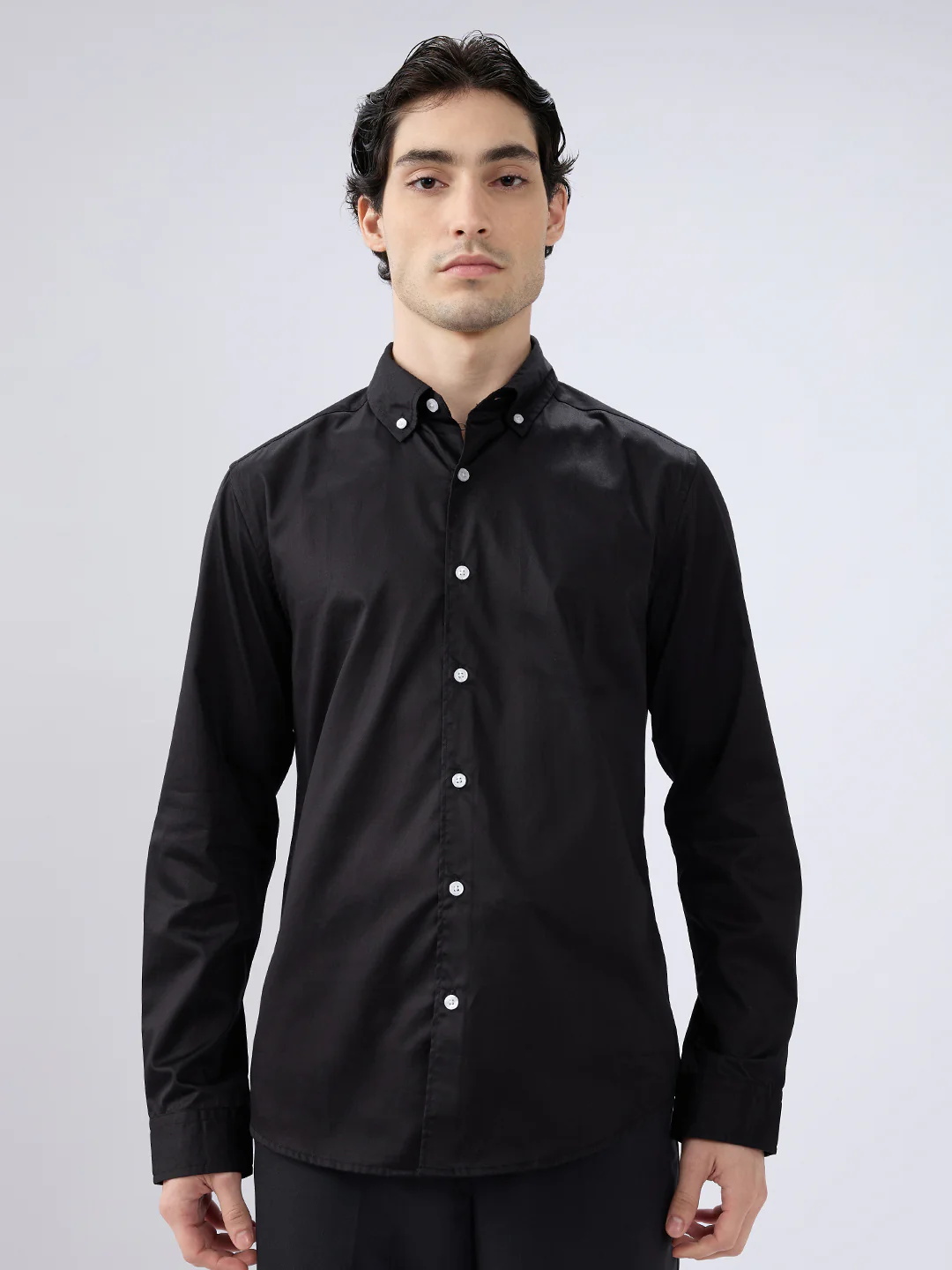 Jet Black Satin Button-Down Collar Luxe Shirt - Image 4