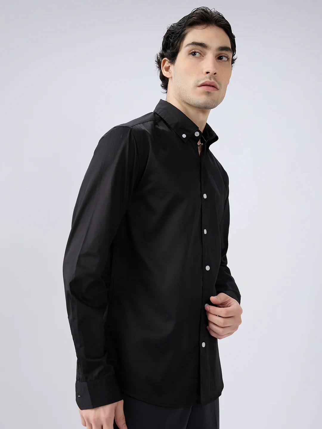 Jet Black Satin Button-Down Collar Luxe Shirt - Image 5