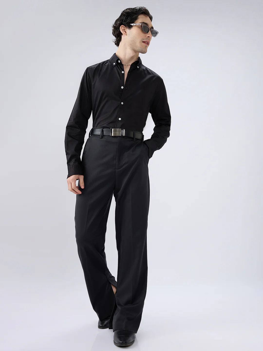 Jet Black Satin Button-Down Collar Luxe Shirt - Image 7