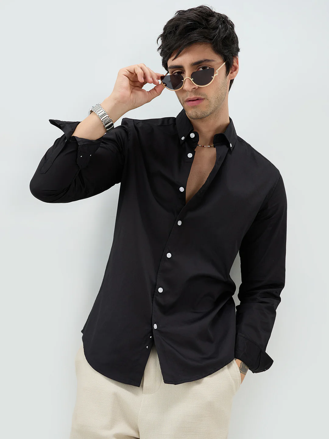 Jet Black Satin Button-Down Collar Luxe Shirt - Image 2