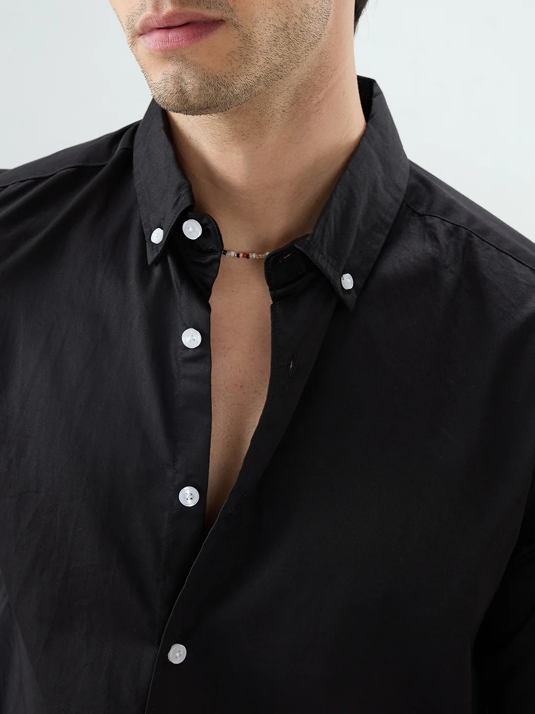 Jet Black Satin Button-Down Collar Luxe Shirt - Image 3