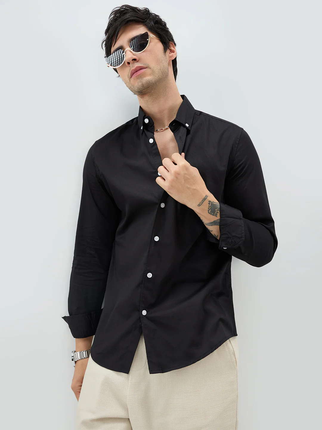 Jet Black Satin Button-Down Collar Luxe Shirt - Image 4