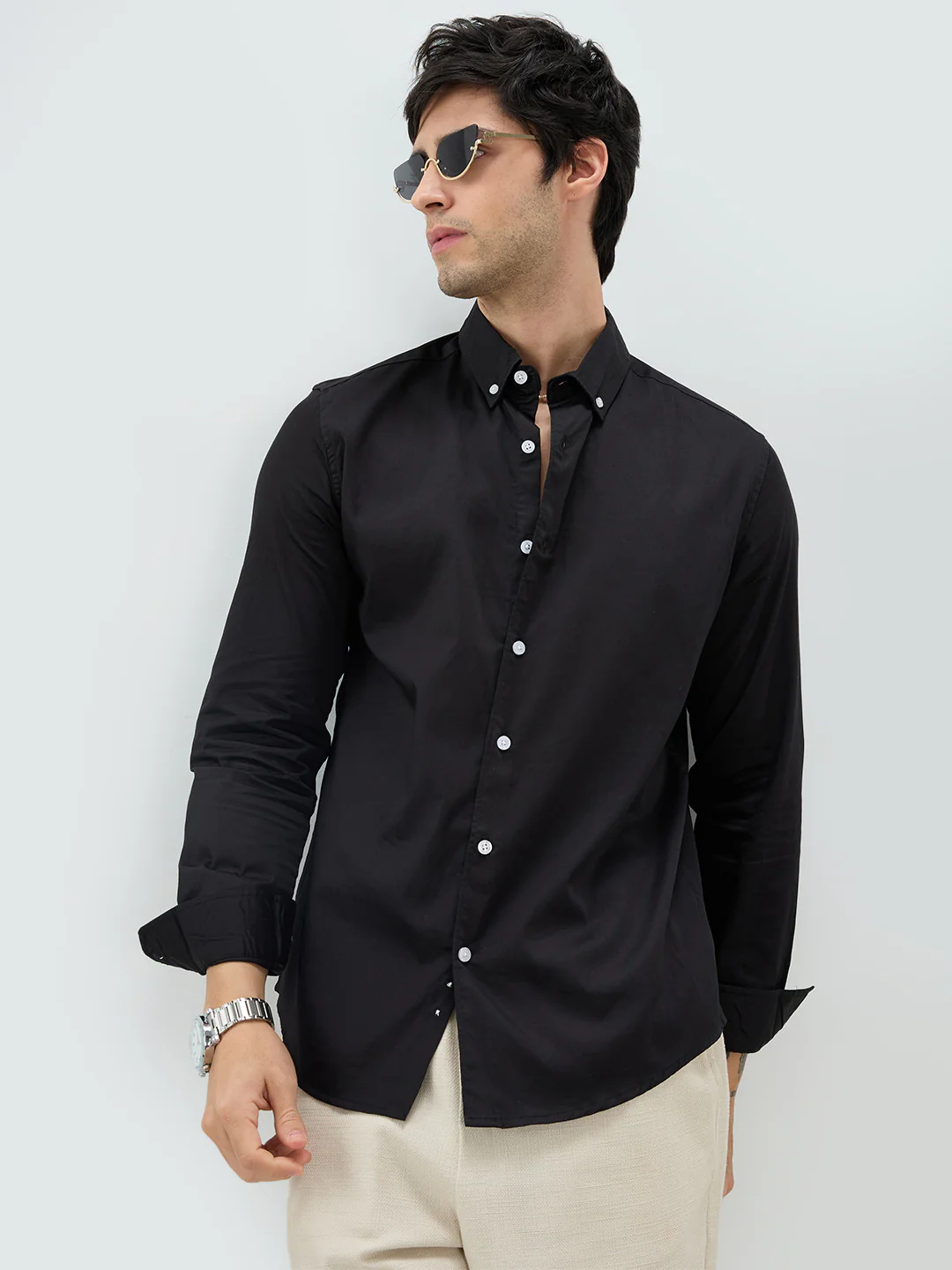 Jet Black Satin Button-Down Collar Luxe Shirt - Image 5