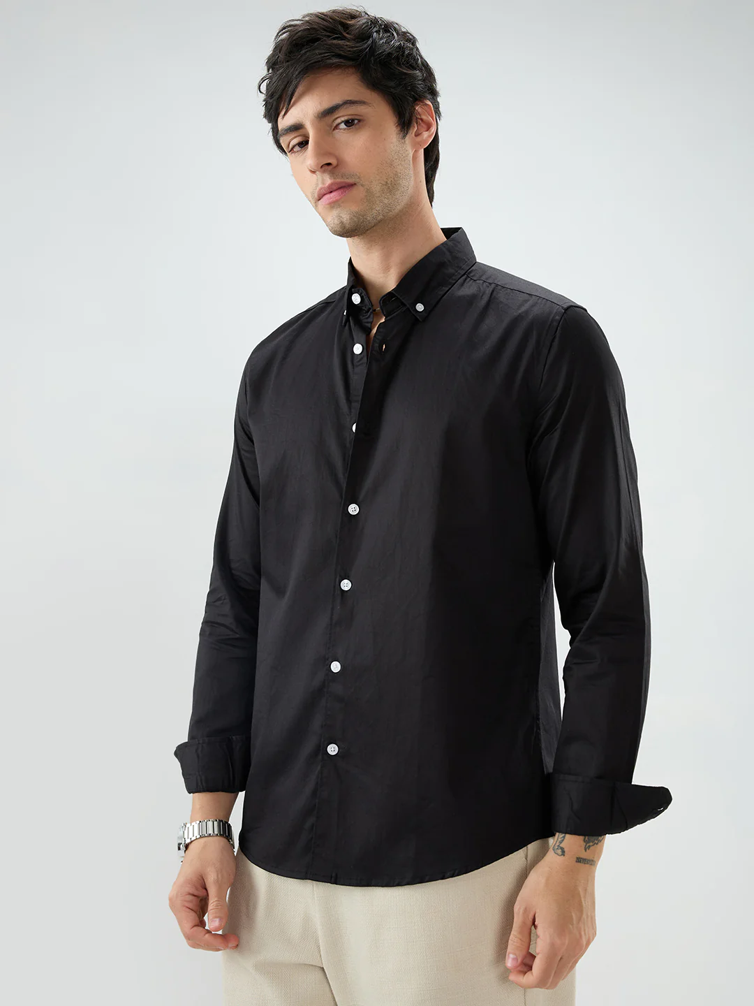 Jet Black Satin Button-Down Collar Luxe Shirt - Image 6