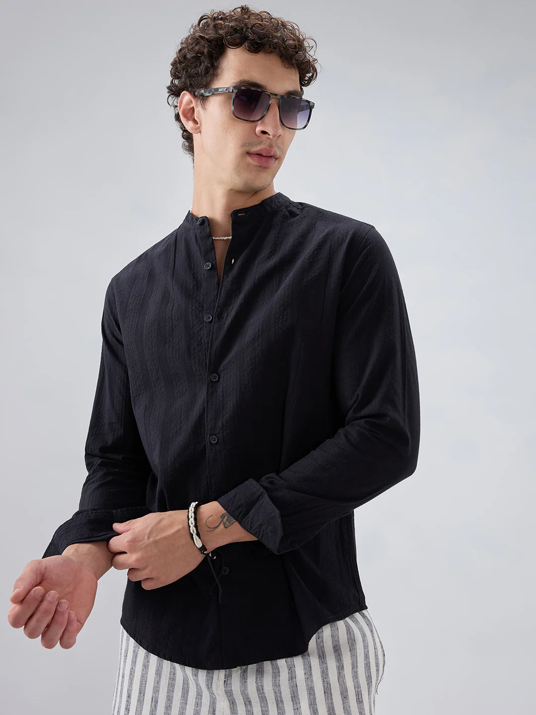 Jet Black Seersucker Striped Mandarin Shirt - Image 2