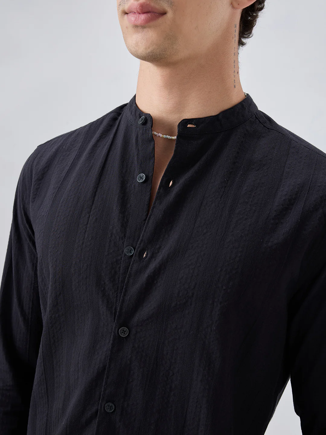 Jet Black Seersucker Striped Mandarin Shirt - Image 3