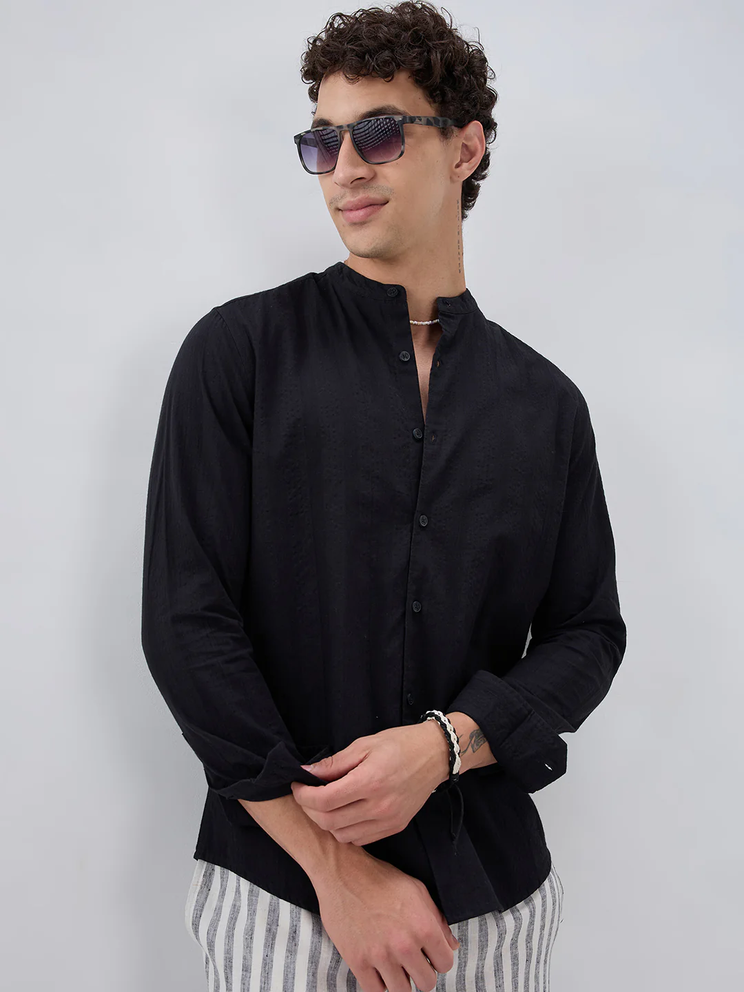Jet Black Seersucker Striped Mandarin Shirt - Image 4
