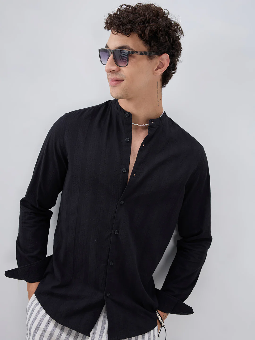 Jet Black Seersucker Striped Mandarin Shirt - Image 5