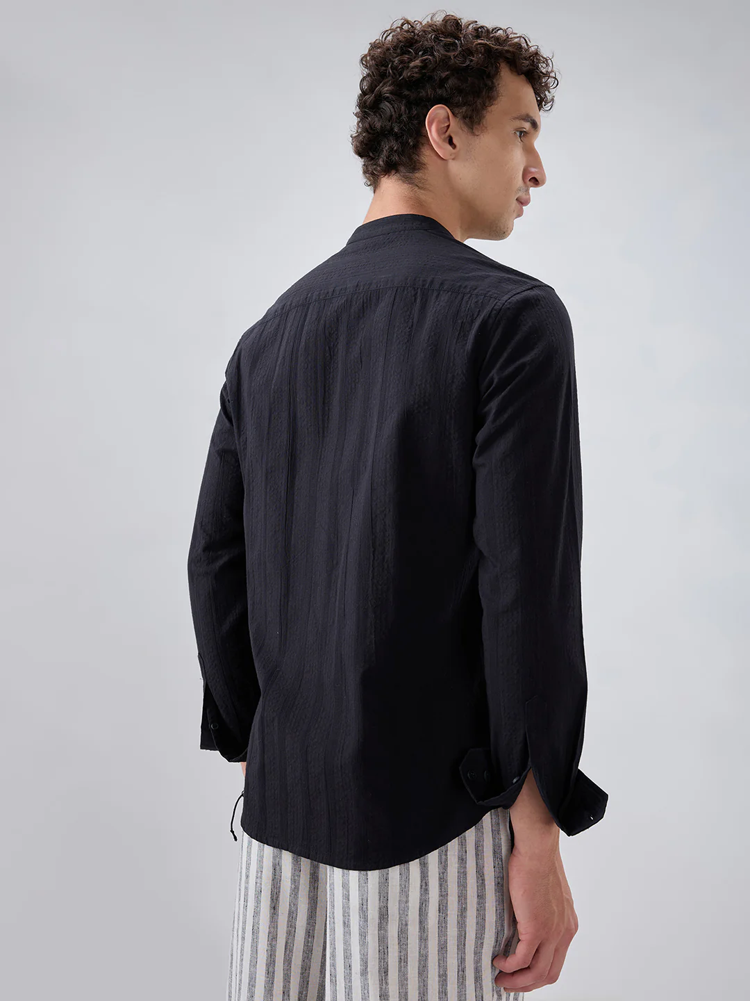 Jet Black Seersucker Striped Mandarin Shirt - Image 6