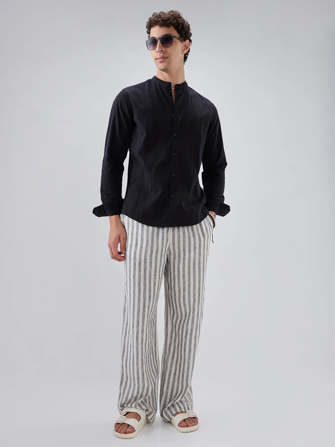 Jet Black Seersucker Striped Mandarin Shirt - Image 7