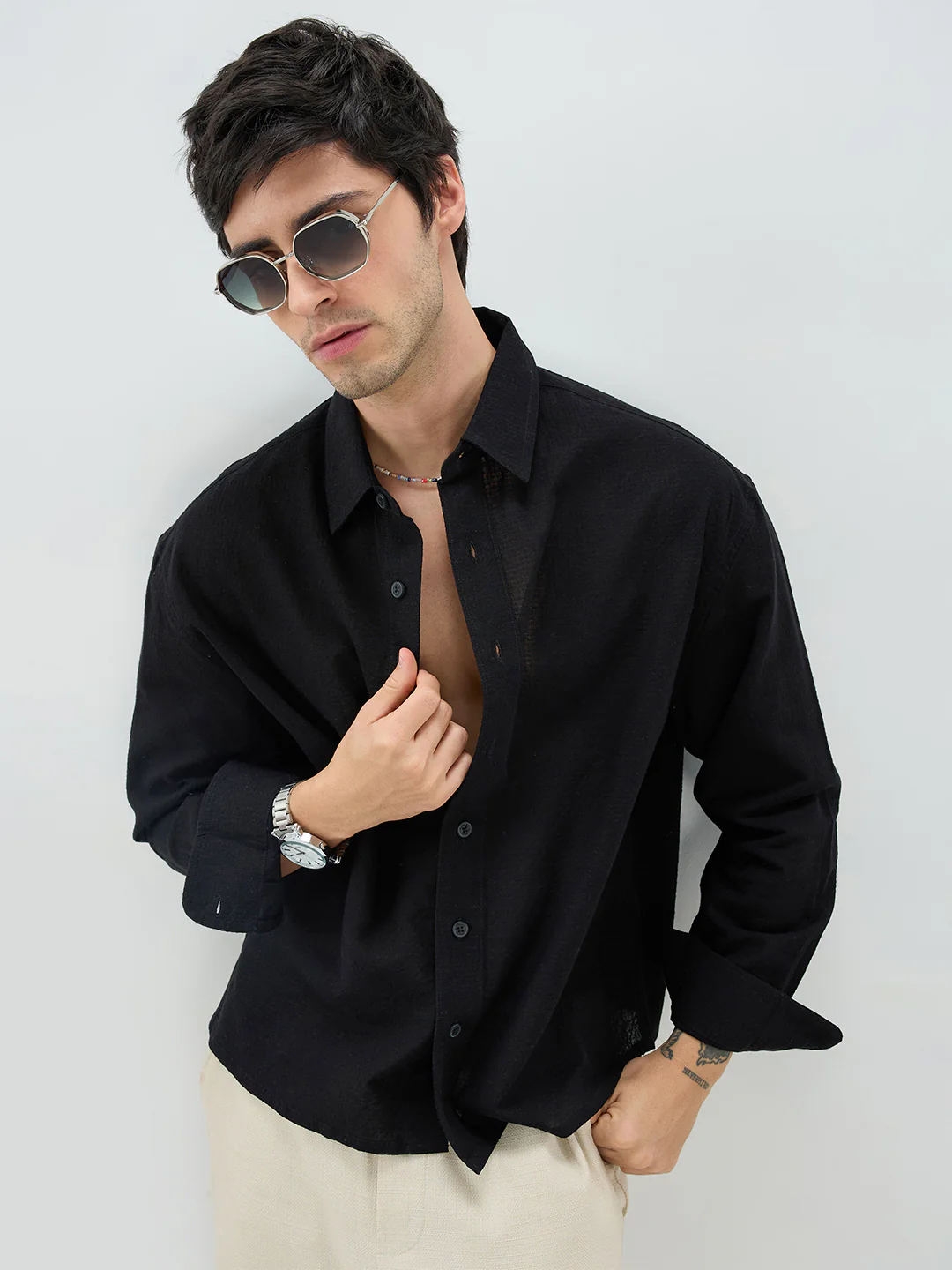 Jet Black Sheer Weave Boxy Fit Crop Shirt - Image 2