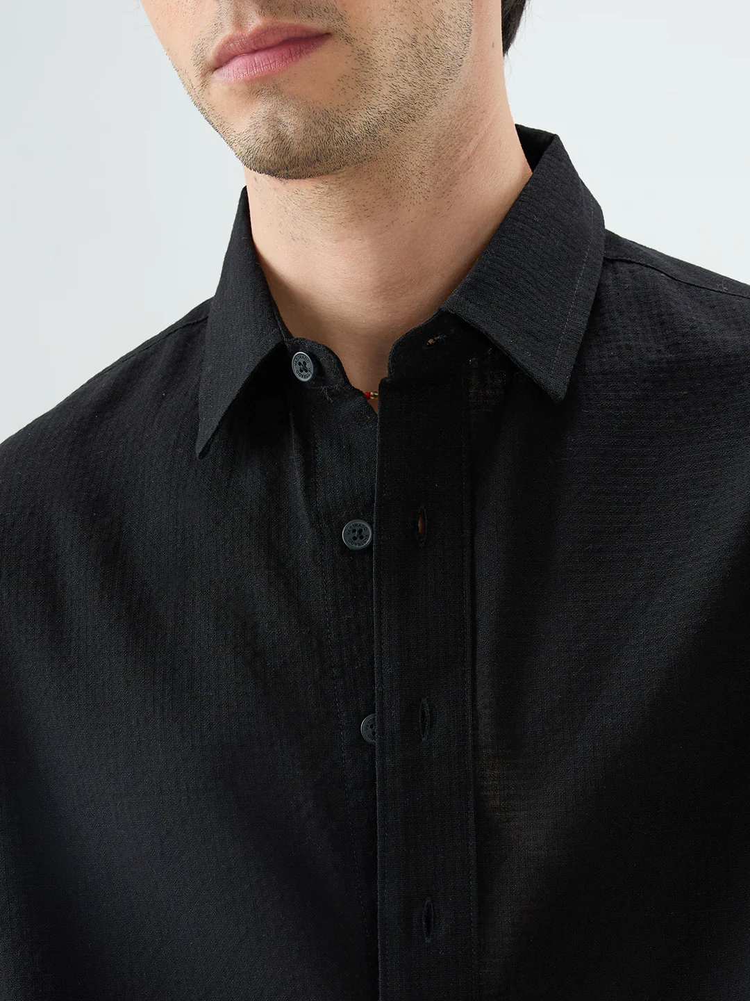 Jet Black Sheer Weave Boxy Fit Crop Shirt - Image 3