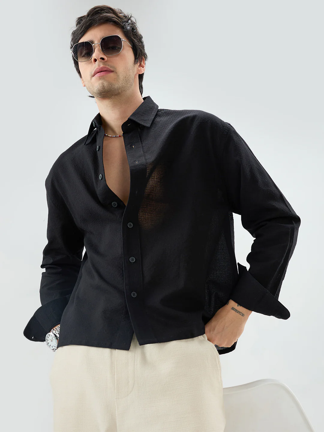 Jet Black Sheer Weave Boxy Fit Crop Shirt - Image 4