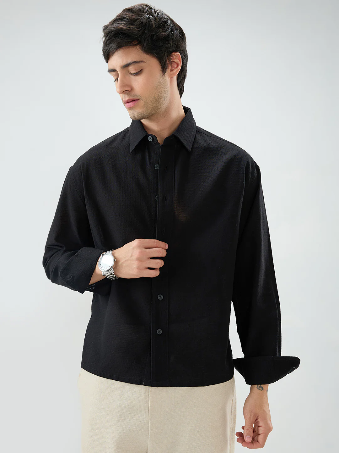 Jet Black Sheer Weave Boxy Fit Crop Shirt - Image 5