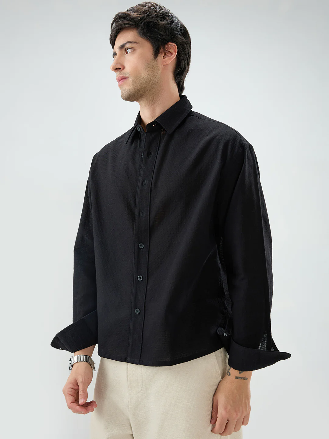 Jet Black Sheer Weave Boxy Fit Crop Shirt - Image 6