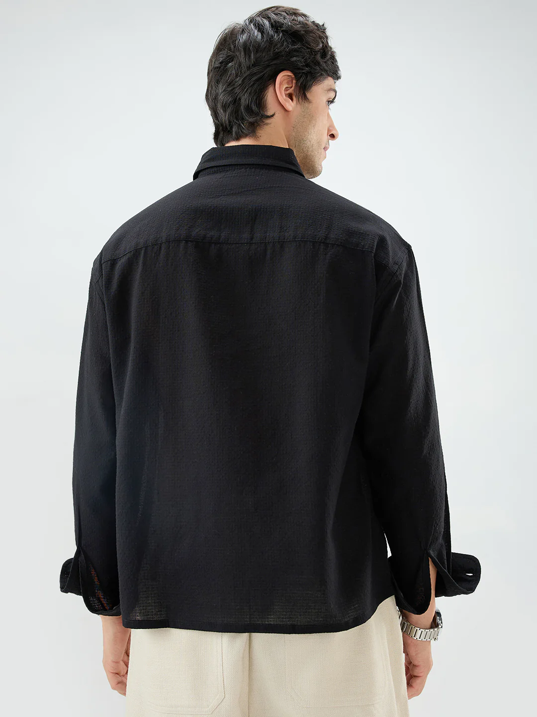 Jet Black Sheer Weave Boxy Fit Crop Shirt - Image 7