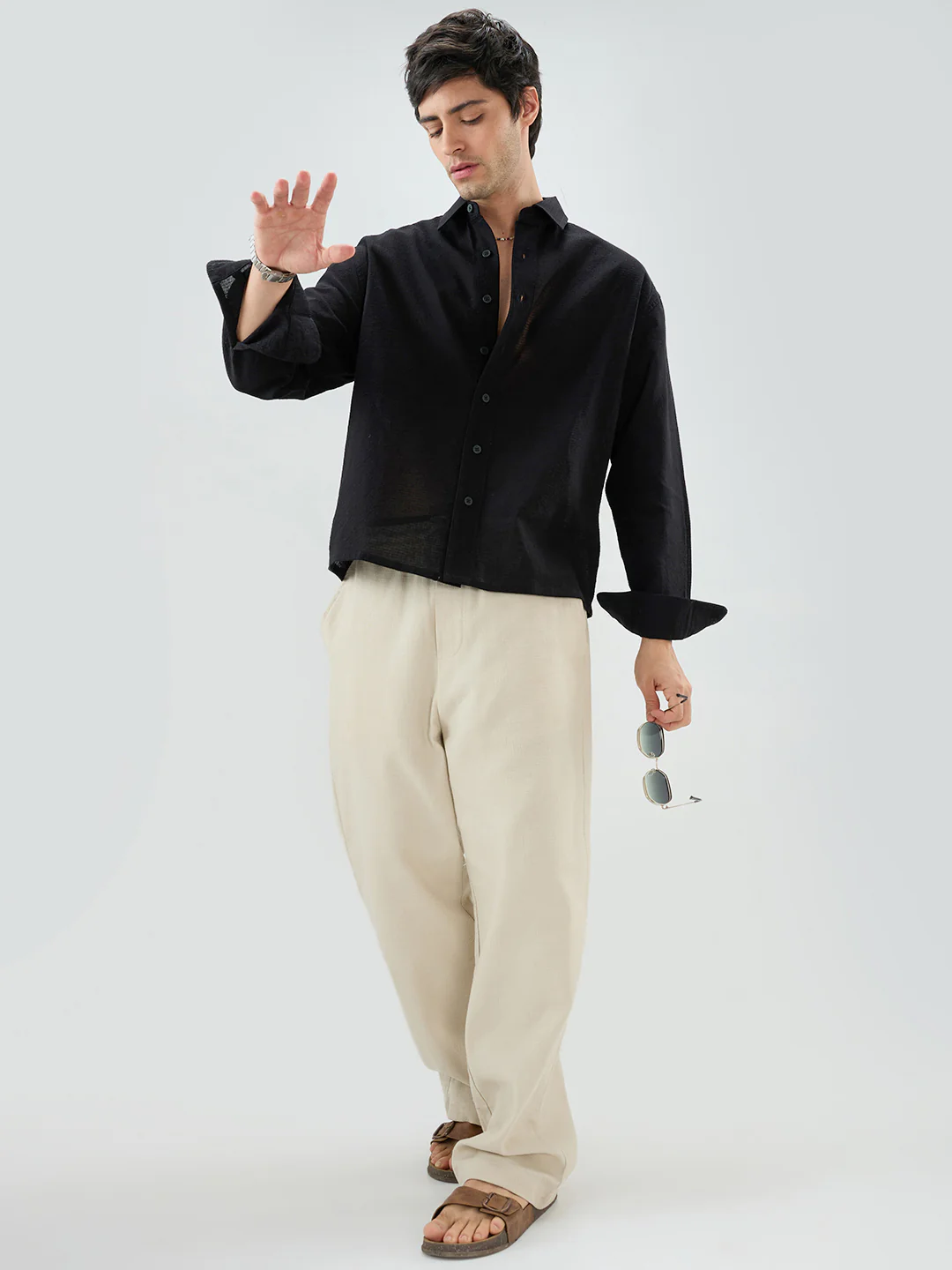 Jet Black Sheer Weave Boxy Fit Crop Shirt - Image 8