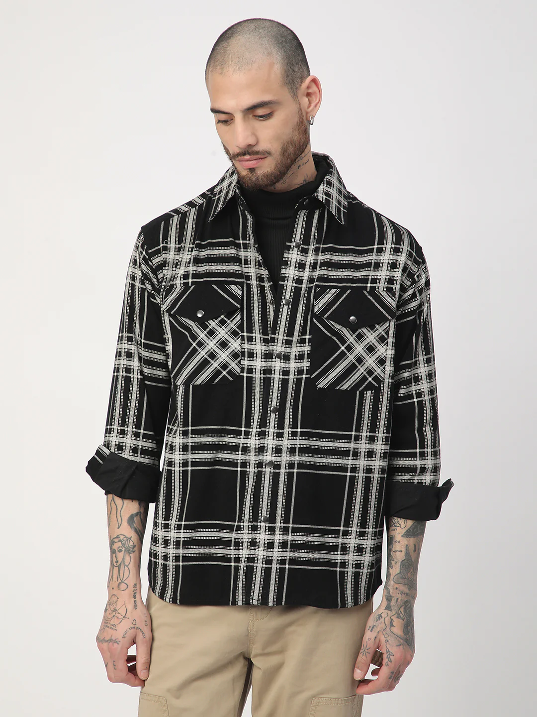 Jet Black & White Checkered Double Pocket Corduroy Overshirt - Image 4