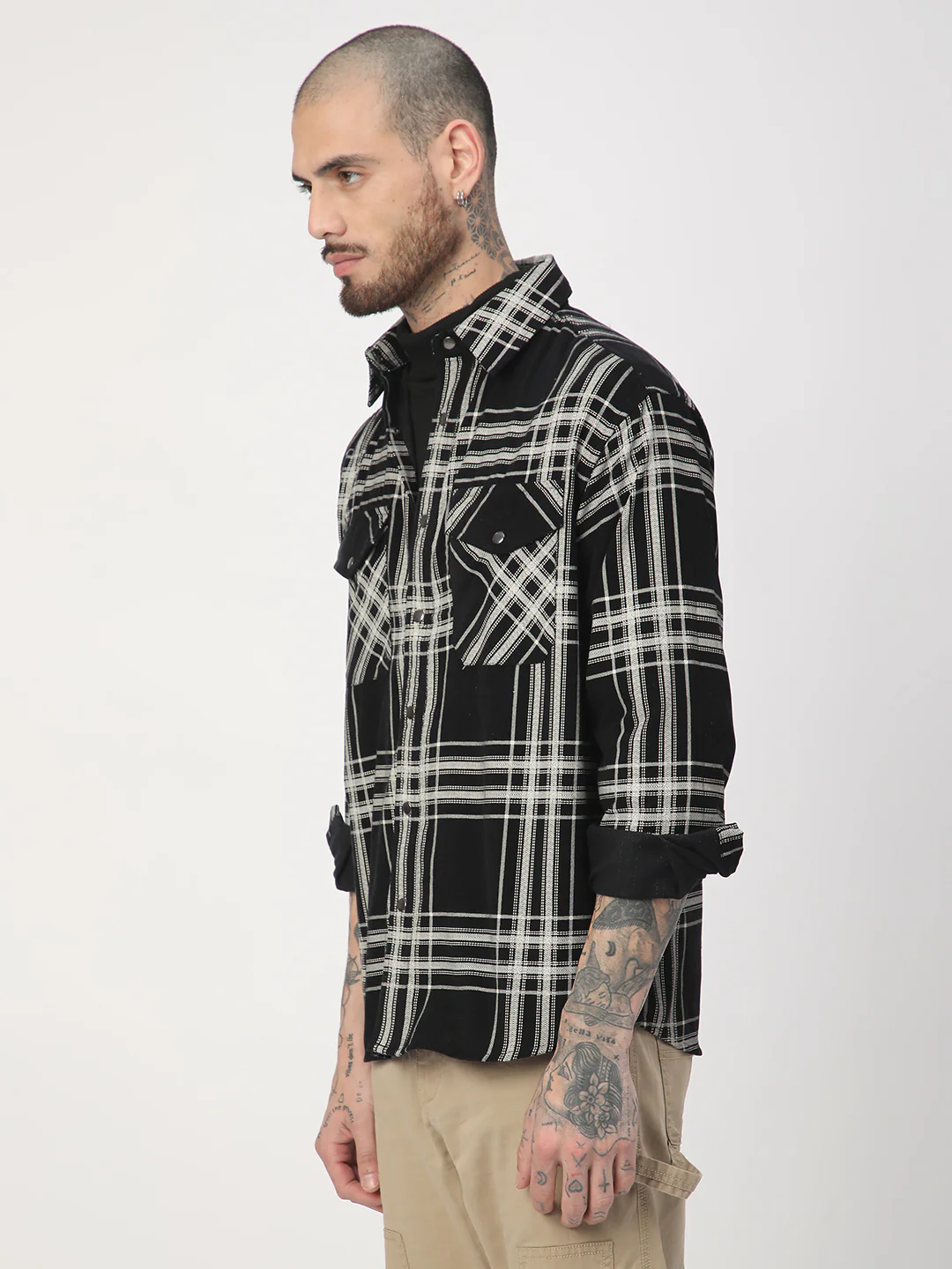 Jet Black & White Checkered Double Pocket Corduroy Overshirt - Image 5