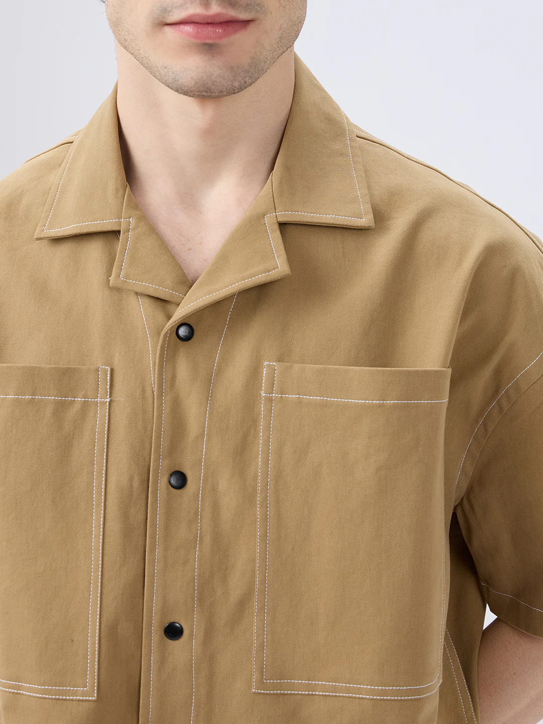 Khaki Contrast Stitch Twin Pocket Oversized Crop Shirt - Image 3