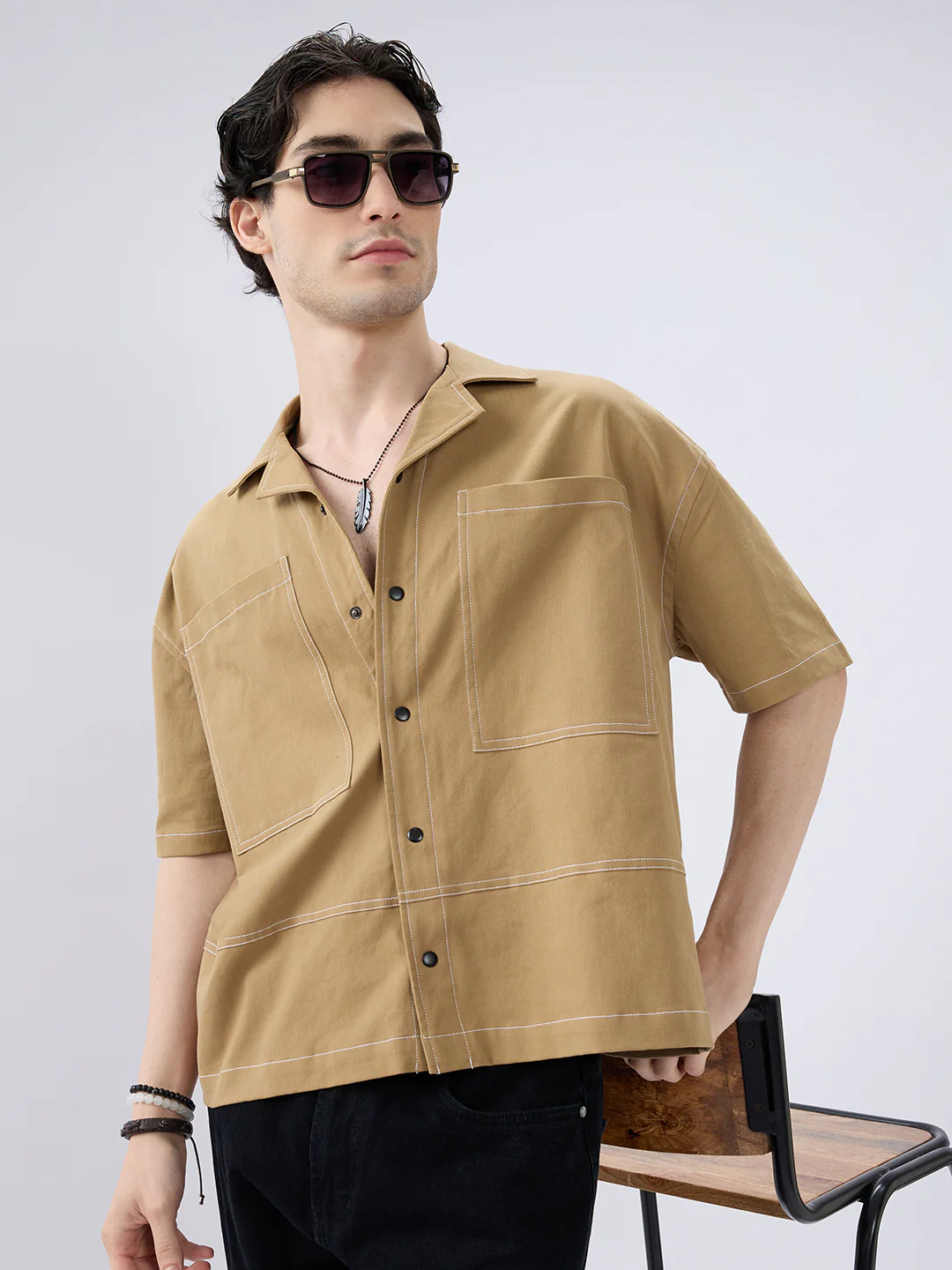 Khaki Contrast Stitch Twin Pocket Oversized Crop Shirt - Image 4