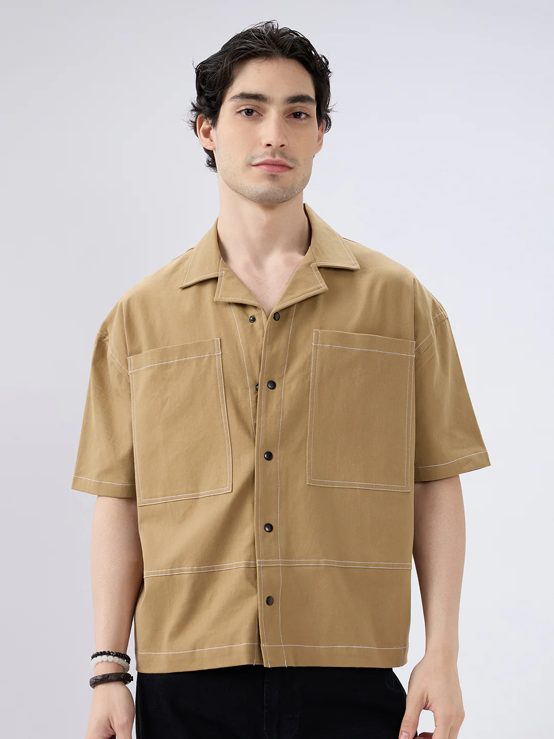 Khaki Contrast Stitch Twin Pocket Oversized Crop Shirt - Image 5