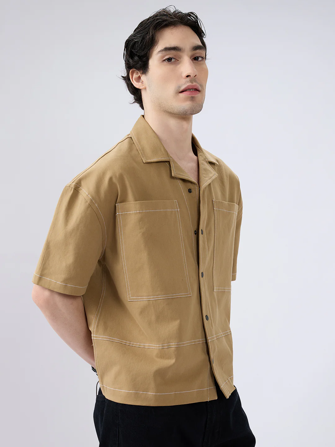 Khaki Contrast Stitch Twin Pocket Oversized Crop Shirt - Image 6