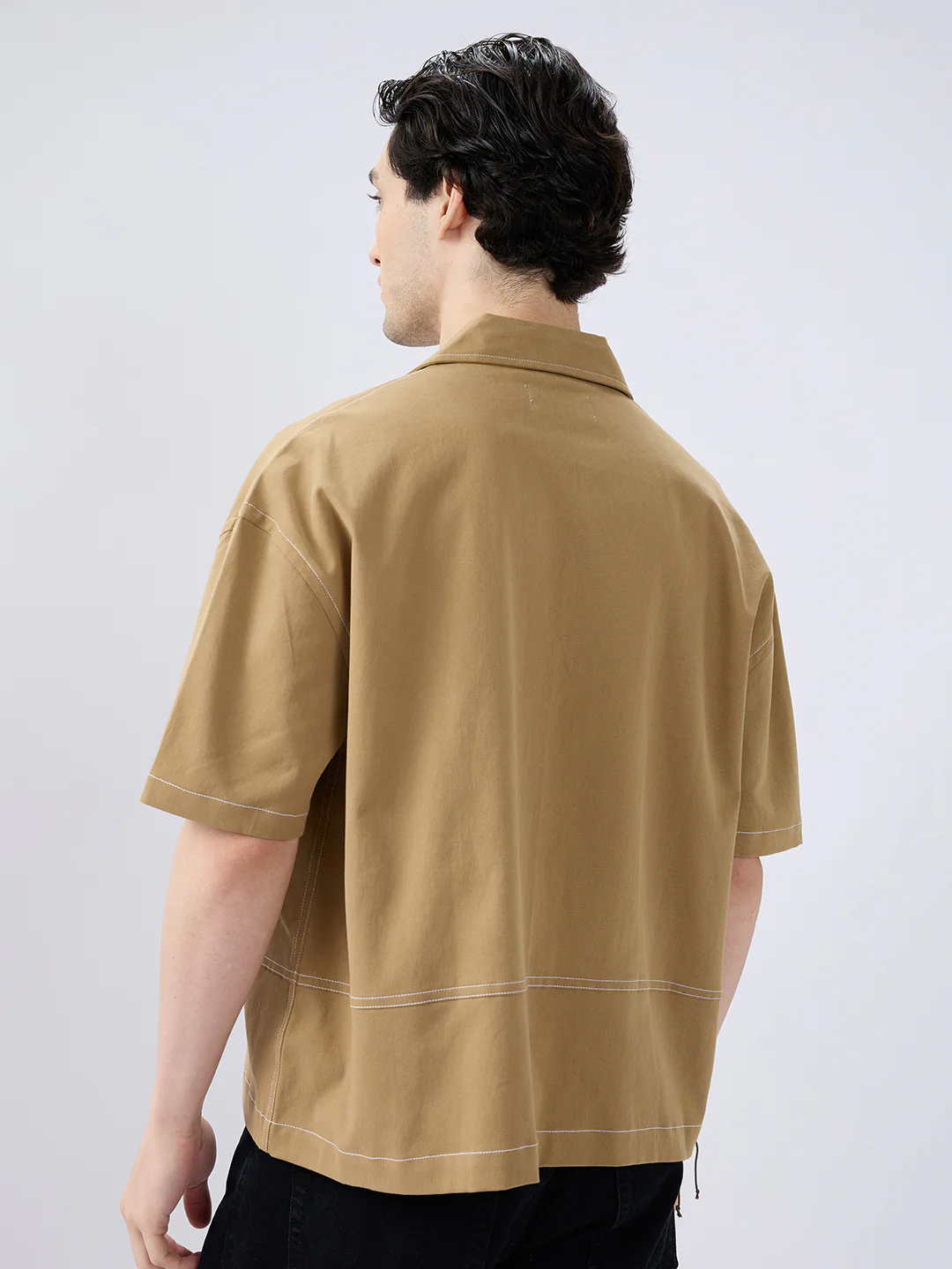 Khaki Contrast Stitch Twin Pocket Oversized Crop Shirt - Image 7