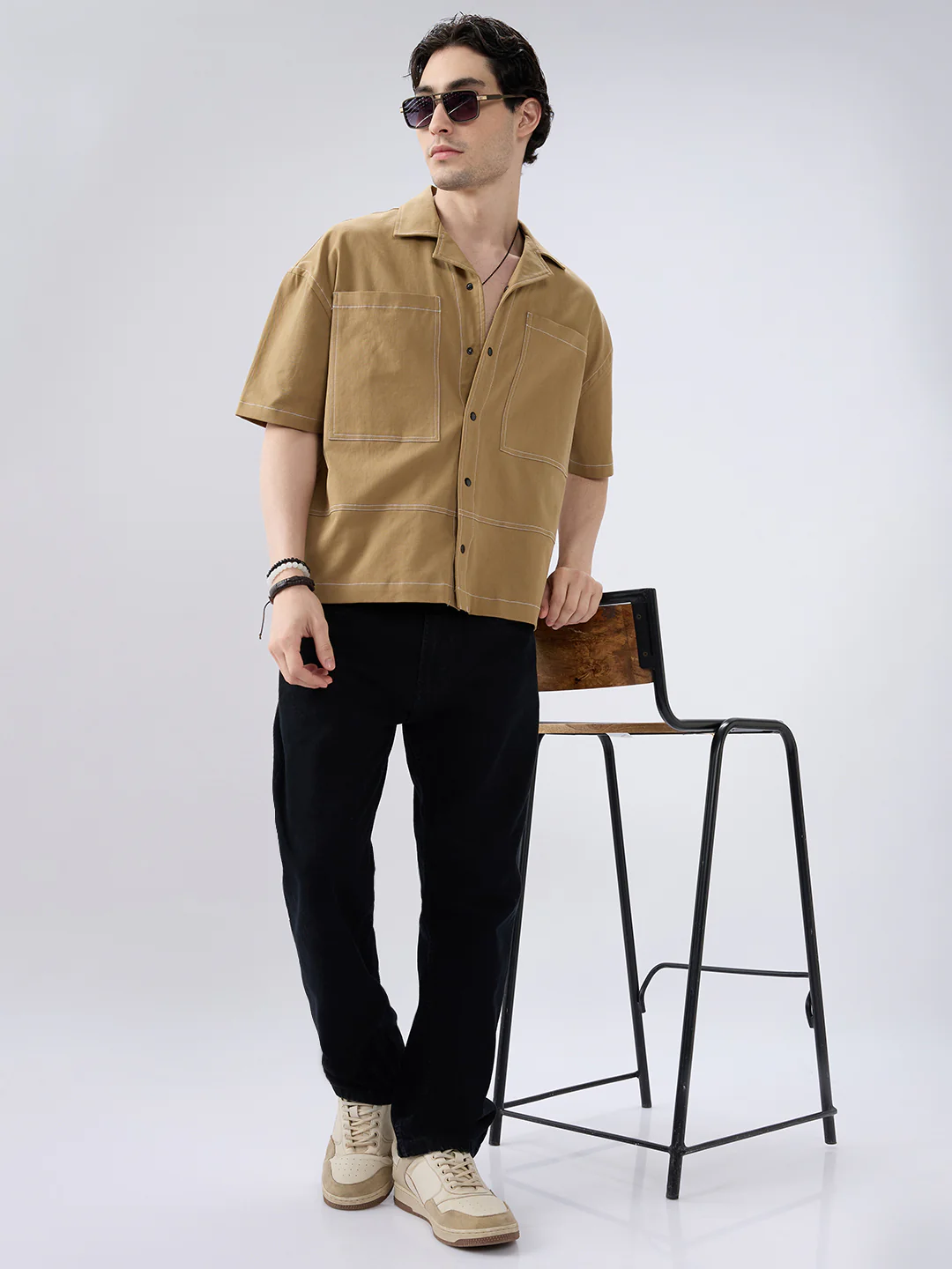 Khaki Contrast Stitch Twin Pocket Oversized Crop Shirt - Image 8