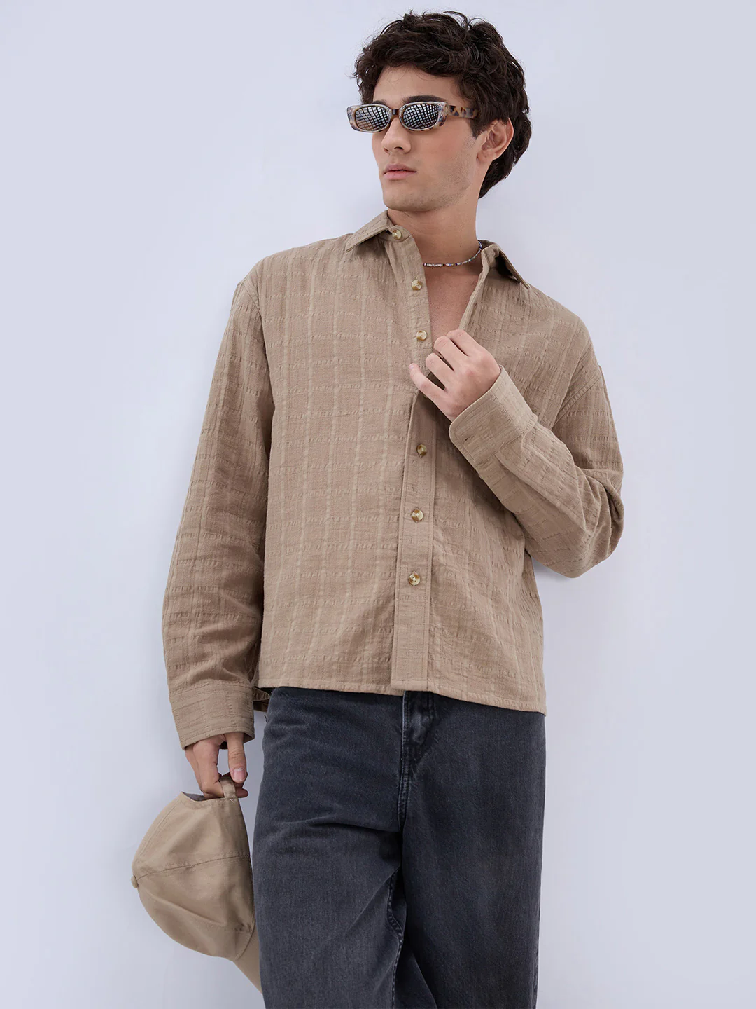 Khaki Grid Textured Double Cloth Seersucker Boxy Fit Crop Shirt - Image 2
