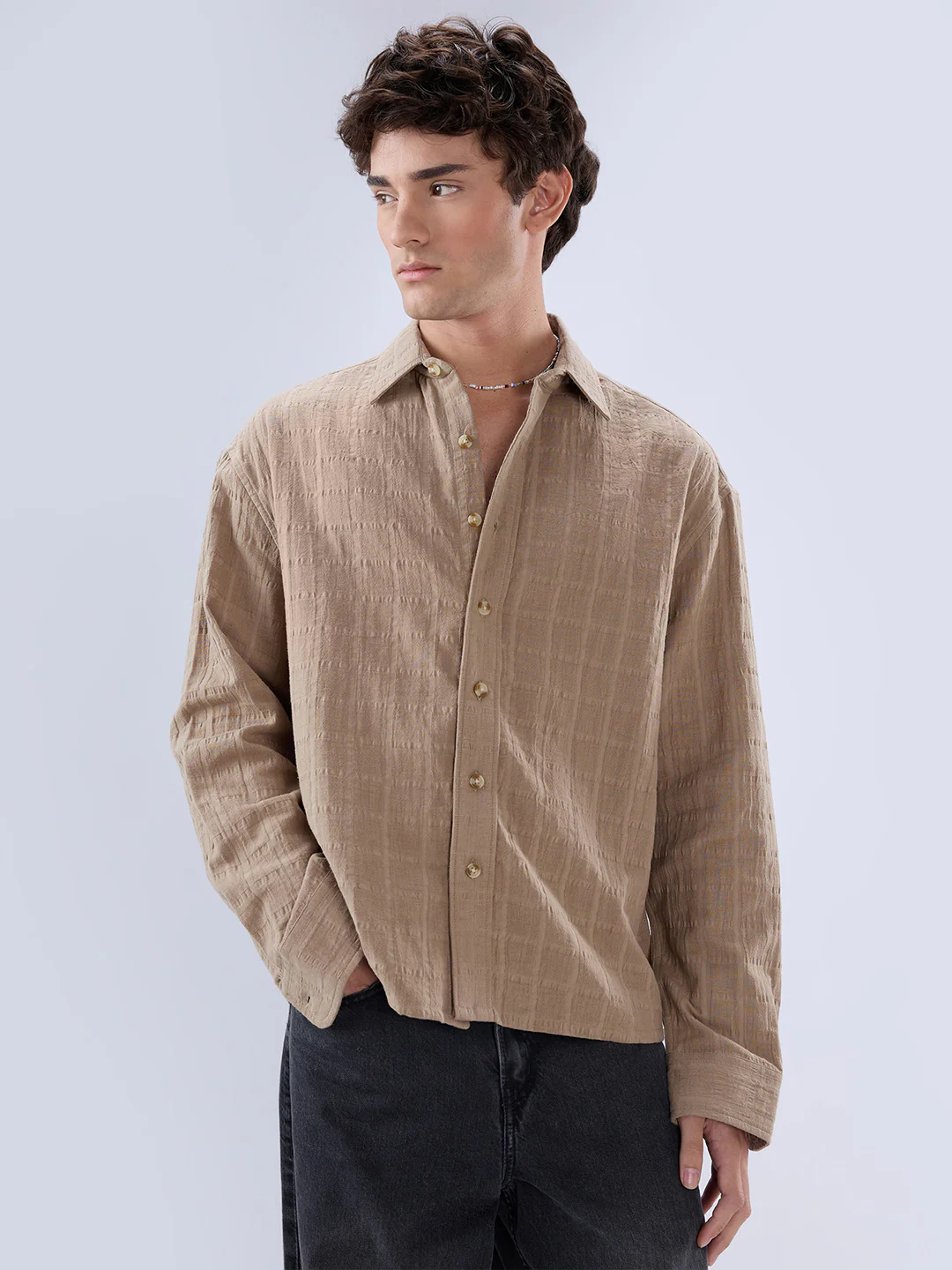 Khaki Grid Textured Double Cloth Seersucker Boxy Fit Crop Shirt - Image 5