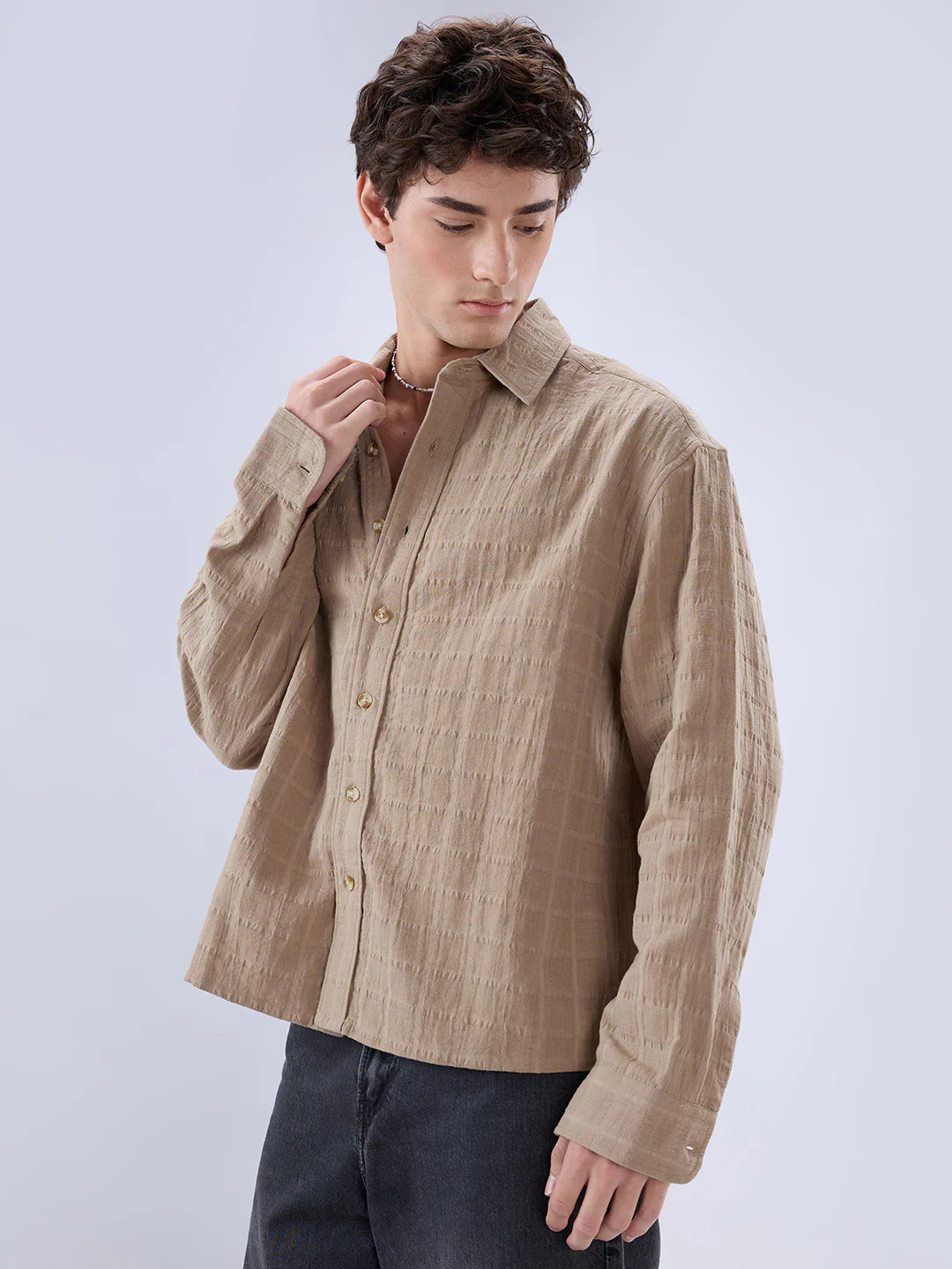 Khaki Grid Textured Double Cloth Seersucker Boxy Fit Crop Shirt - Image 6